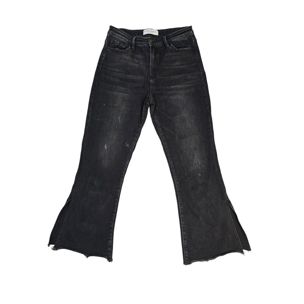 Flying Monkey Women’s 30 Black High Rise Cropped Flare Jeans Raw Hem Stretch